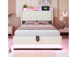 Cama infantil acolchoada com arrumação - 90 x 200 cm - com LEDs + USB + cabeceira dobrável - arrumação hidráulica - tecido de linho - bege