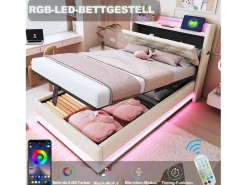 Cama infantil acolchoada com arrumação - 90 x 200 cm - com LEDs + USB + cabeceira dobrável - arrumação hidráulica - tecido de linho - bege