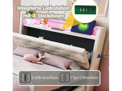 Cama infantil acolchoada com arrumação - 90 x 200 cm - com LEDs + USB + cabeceira dobrável - arrumação hidráulica - tecido de linho - bege