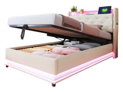 Cama infantil acolchoada com arrumação - 90 x 200 cm - com LEDs + USB + cabeceira dobrável - arrumação hidráulica - tecido de linho - bege