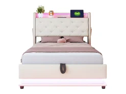 Cama infantil acolchoada com arrumação - 90 x 200 cm - com LEDs + USB + cabeceira dobrável - arrumação hidráulica - tecido de linho - bege