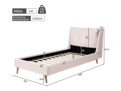 Cama infantil acolchoada 90x200cm - Travesseiros ajustáveis - Pés de madeira maciça - Veludo - Rosa​ (Colchão não incluído)