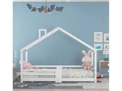 Cama infantil casinha 90x200 cm com chaminé - Sommier robusto em pinho - Branco (sem colchão)