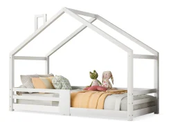 Cama infantil casinha 90x200 cm com chaminé - Sommier robusto em pinho - Branco (sem colchão)