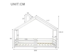 Cama infantil casinha 90x200 cm com chaminé - Sommier robusto em pinho - Branco (sem colchão)