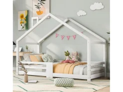 Cama infantil casinha 90x200 cm com chaminé - Sommier robusto em pinho - Branco (sem colchão)