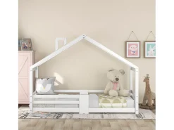 Cama infantil casinha 90x200 cm com chaminé - Sommier robusto em pinho - Branco (sem colchão)