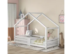 Cama infantil casinha 90x200 cm com chaminé - Sommier robusto em pinho - Branco (sem colchão)
