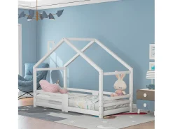 Cama infantil casinha 90x200 cm com chaminé - Sommier robusto em pinho - Branco (sem colchão)