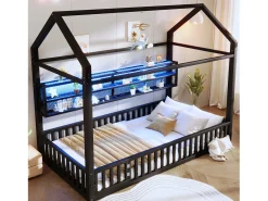 Cama infantil de metal 90x200 cm - Motivo casa - con barreira de segurança - con luzes LED - Preto​ (Colchão não incluído)
