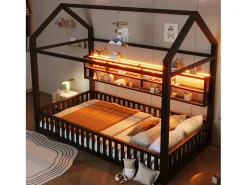 Cama infantil de metal 90x200 cm - Motivo casa - con barreira de segurança - con luzes LED - Preto​ (Colchão não incluído)