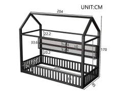 Cama infantil de metal 90x200 cm - Motivo casa - con barreira de segurança - con luzes LED - Preto​ (Colchão não incluído)