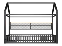 Cama infantil de metal 90x200 cm - Motivo casa - con barreira de segurança - con luzes LED - Preto​ (Colchão não incluído)