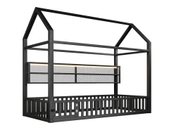 Cama infantil de metal 90x200 cm - Motivo casa - con barreira de segurança - con luzes LED - Preto​ (Colchão não incluído)