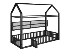 Cama infantil de metal 90x200 cm - Motivo casa - con barreira de segurança - con luzes LED - Preto​ (Colchão não incluído)