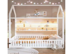 Cama infantil de metal 90x200 cm - Motivo casa - con barreira de segurança - con luzes LED - Branco​ (Colchão não incluído)