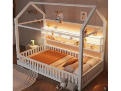 Cama infantil de metal 90x200 cm - Motivo casa - con barreira de segurança - con luzes LED - Branco​ (Colchão não incluído)