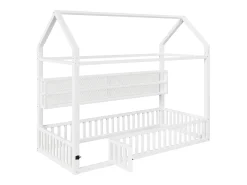 Cama infantil de metal 90x200 cm - Motivo casa - con barreira de segurança - con luzes LED - Branco​ (Colchão não incluído)