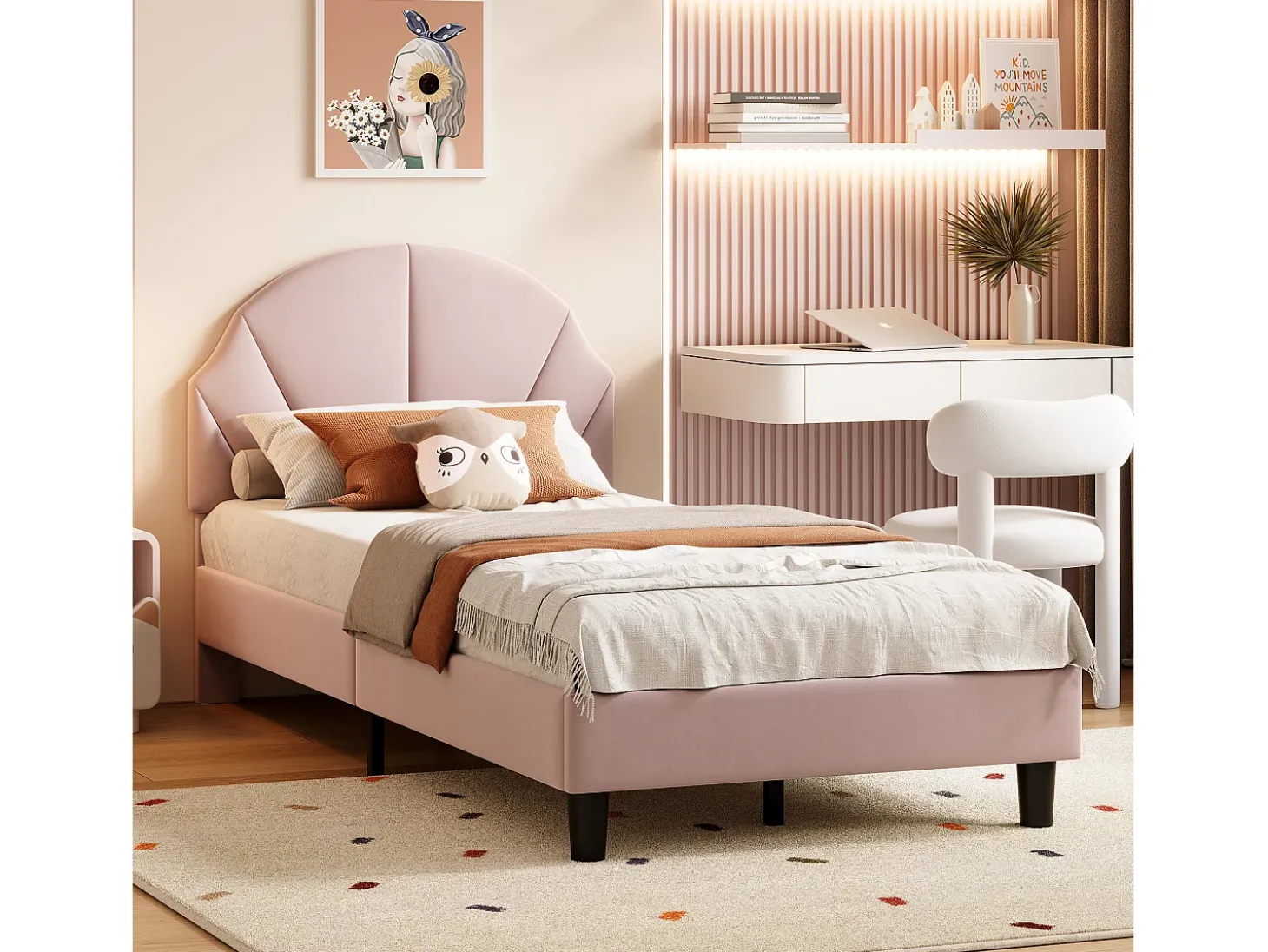 Cama infantil de veludo com cabeceira ajustável - 90×200 cm - Rosa