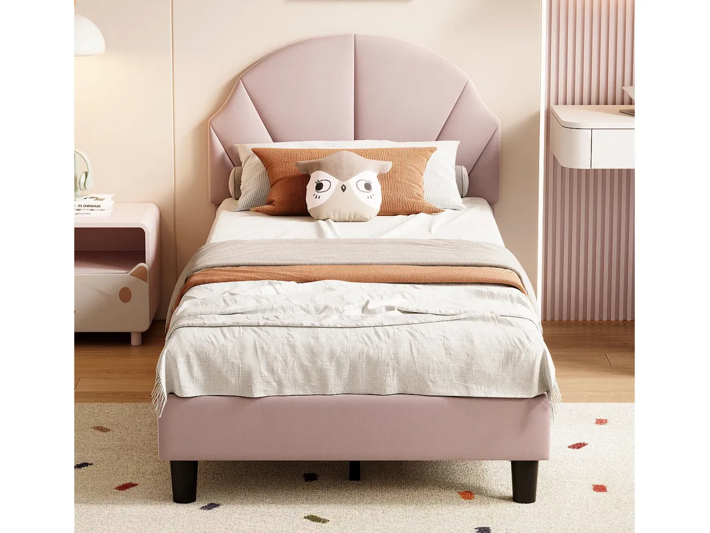 Cama infantil de veludo com cabeceira ajustável - 90×200 cm - Rosa