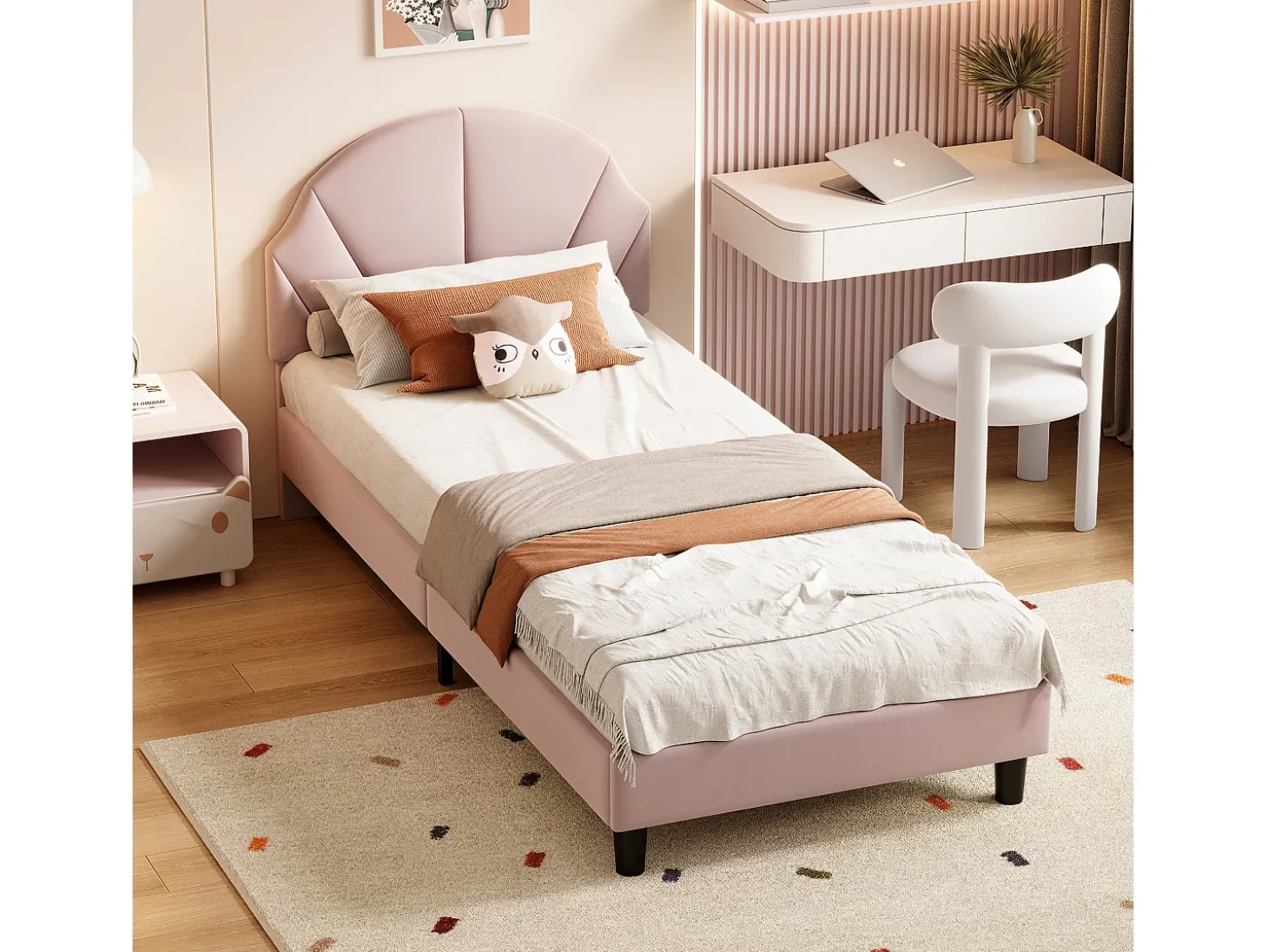 Cama infantil de veludo com cabeceira ajustável - 90×200 cm - Rosa