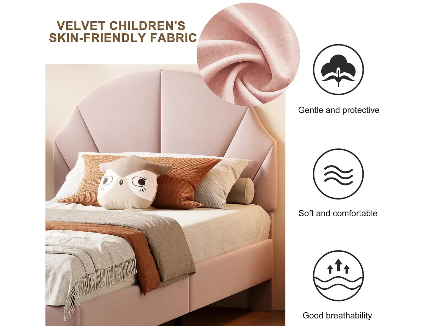 Cama infantil de veludo com cabeceira ajustável - 90×200 cm - Rosa