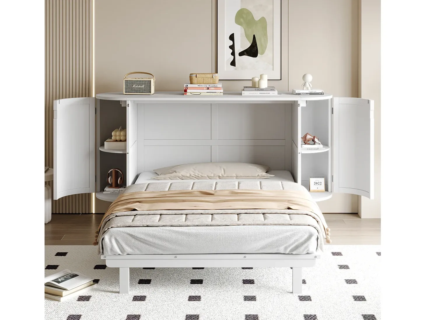 Cama infantil dobrável - 140 x 200 cm - com compartimentos de arrumação - design em rattan e madeira - branca