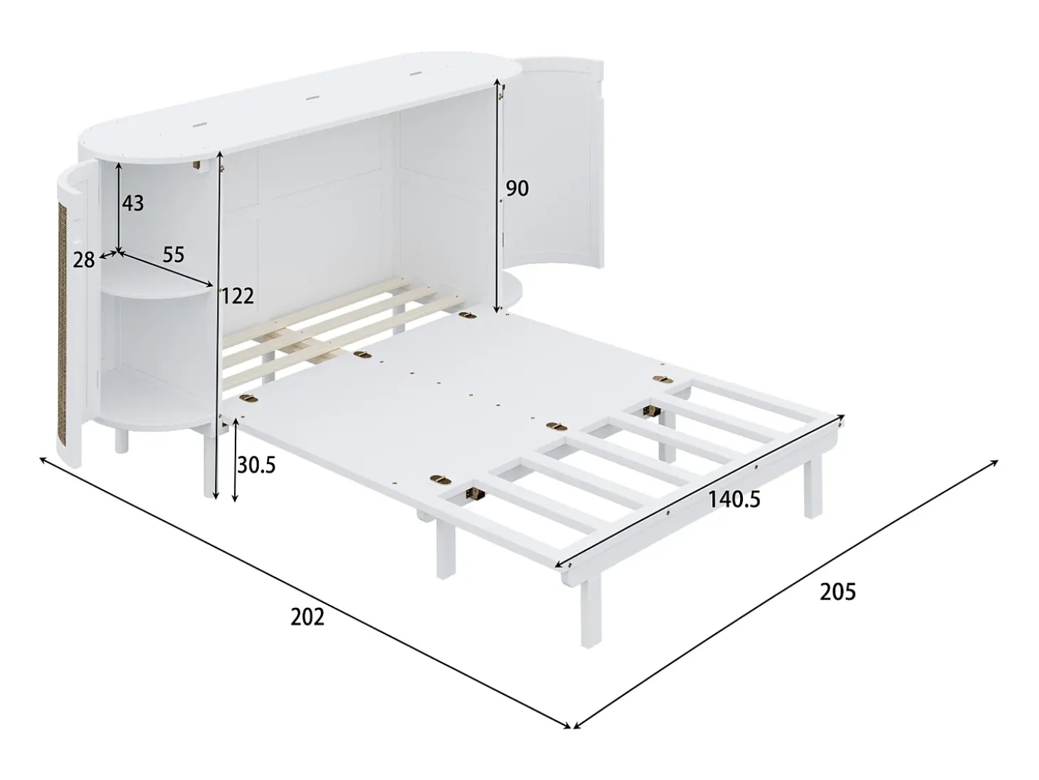 Cama infantil dobrável - 140 x 200 cm - com compartimentos de arrumação - design em rattan e madeira - branca
