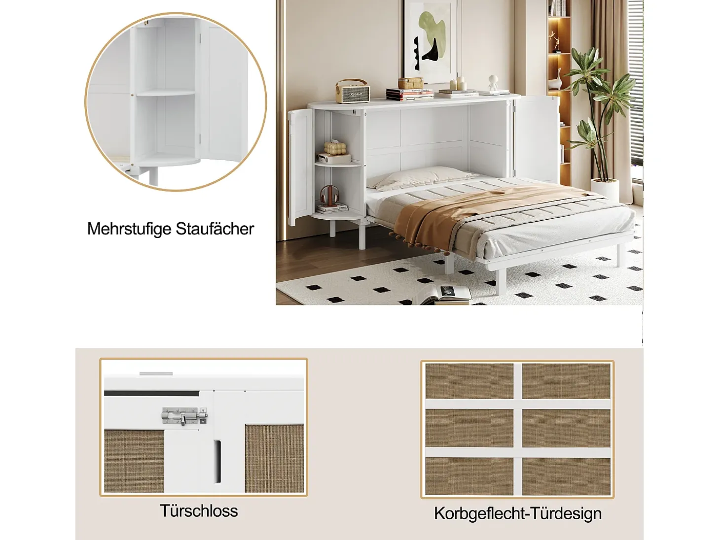Cama infantil dobrável - 140 x 200 cm - com compartimentos de arrumação - design em rattan e madeira - branca