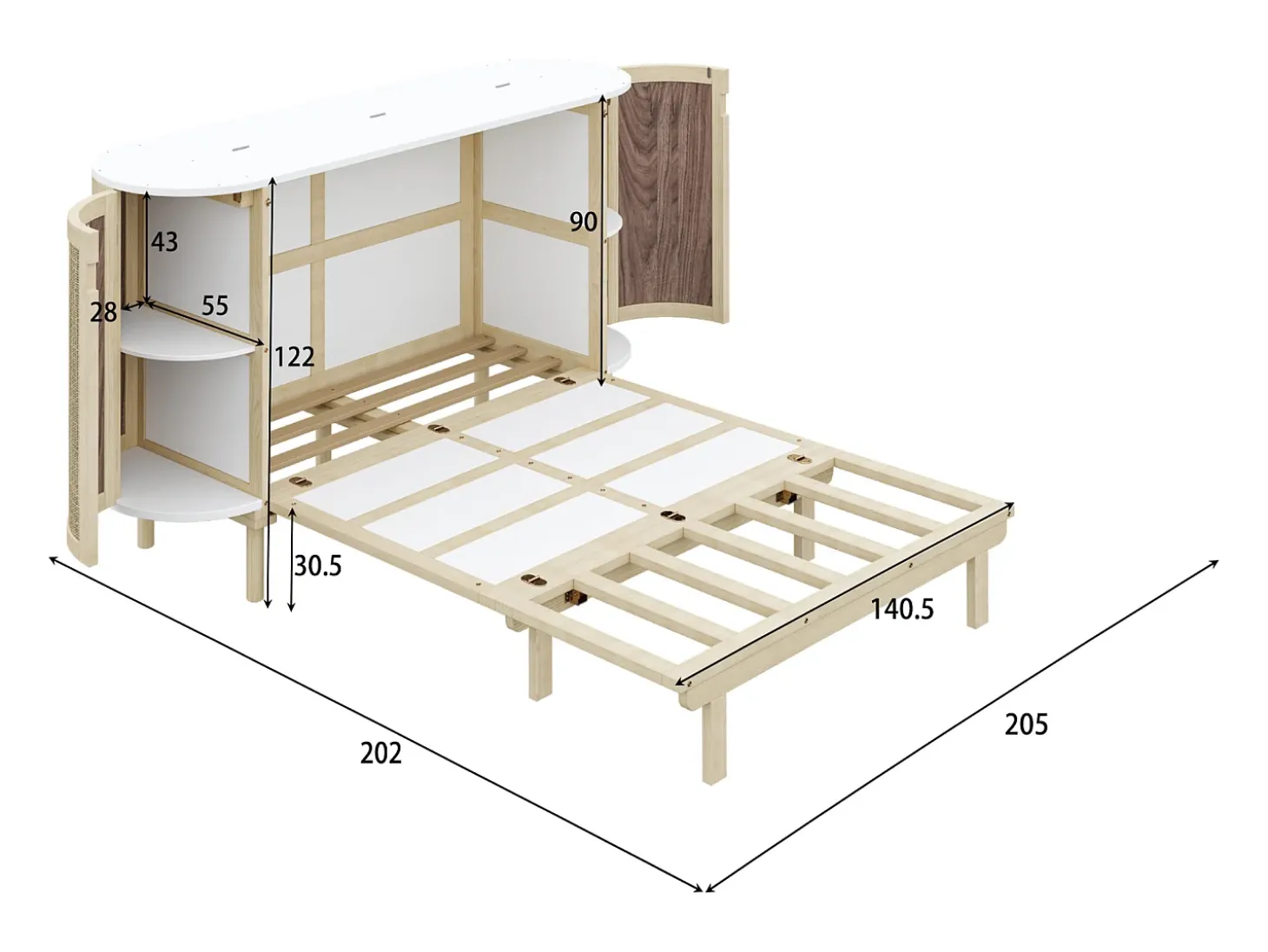 Cama infantil dobrável - 140 x 200 cm - com compartimentos de arrumação - design em rattan e madeira - cor natural