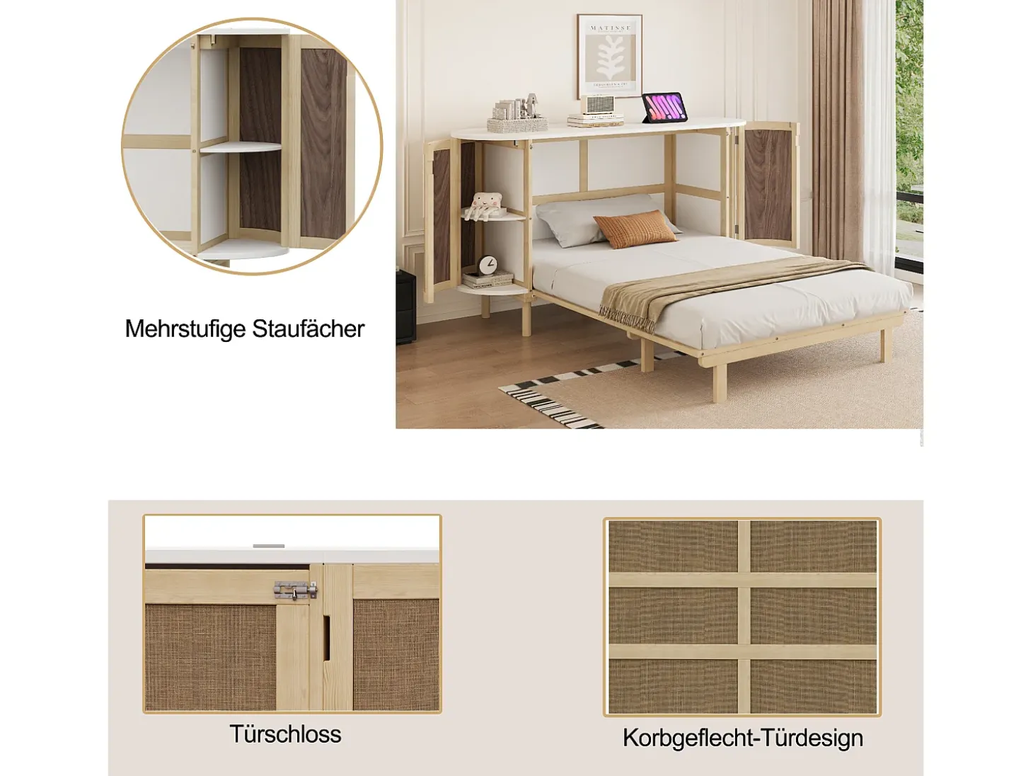 Cama infantil dobrável - 140 x 200 cm - com compartimentos de arrumação - design em rattan e madeira - cor natural
