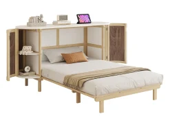 Cama infantil dobrável - 140 x 200 cm - com compartimentos de arrumação - design em rattan e madeira - cor natural