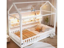 Cama infantil em formato de casinha - 90 x 200 cm - com grade de proteção + luzes LED + espaço para armazenamento - metal - branca
