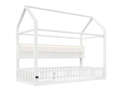 Cama infantil em formato de casinha - 90 x 200 cm - com grade de proteção + luzes LED + espaço para armazenamento - metal - branca