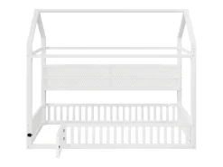 Cama infantil em formato de casinha - 90 x 200 cm - com grade de proteção + luzes LED + espaço para armazenamento - metal - branca