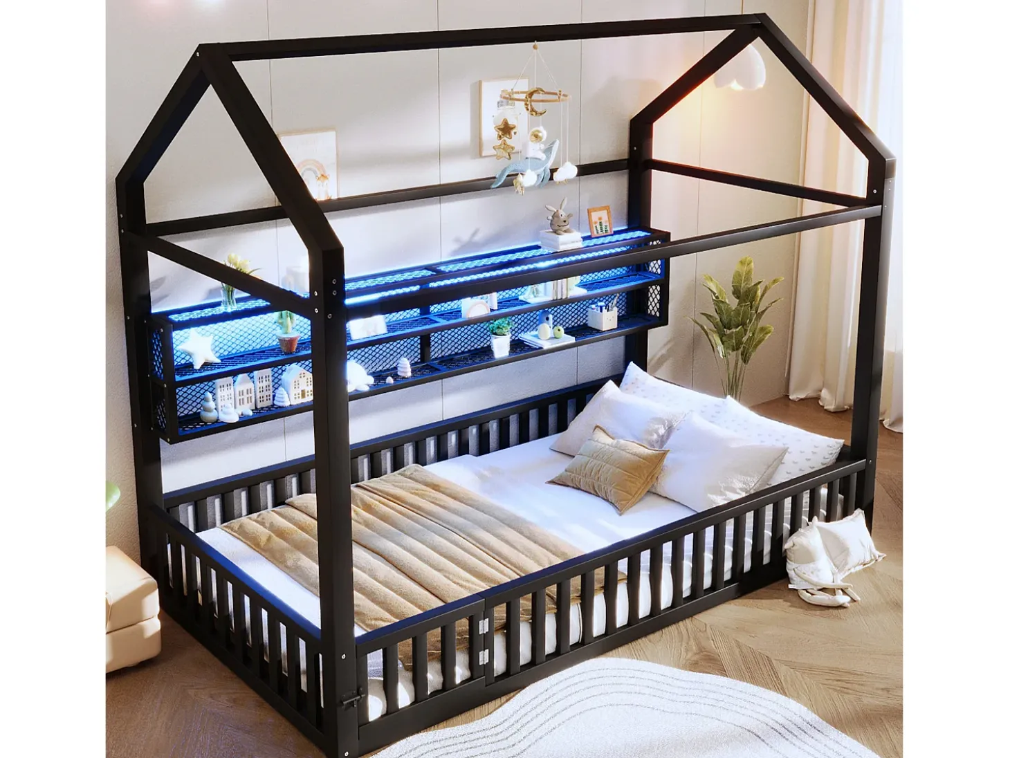 Cama infantil em formato de casinha - 90 x 200 cm - com grade de proteção + luzes LED + espaço para armazenamento - metal - preta