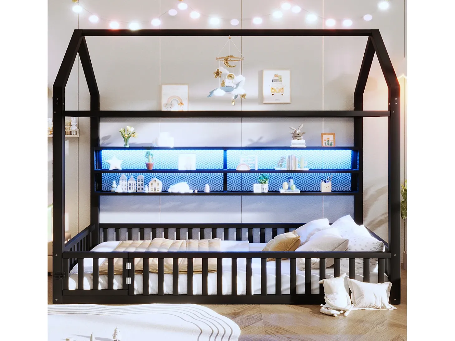Cama infantil em formato de casinha - 90 x 200 cm - com grade de proteção + luzes LED + espaço para armazenamento - metal - preta