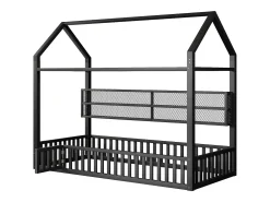 Cama infantil em formato de casinha - 90 x 200 cm - com grade de proteção + luzes LED + espaço para armazenamento - metal - preta