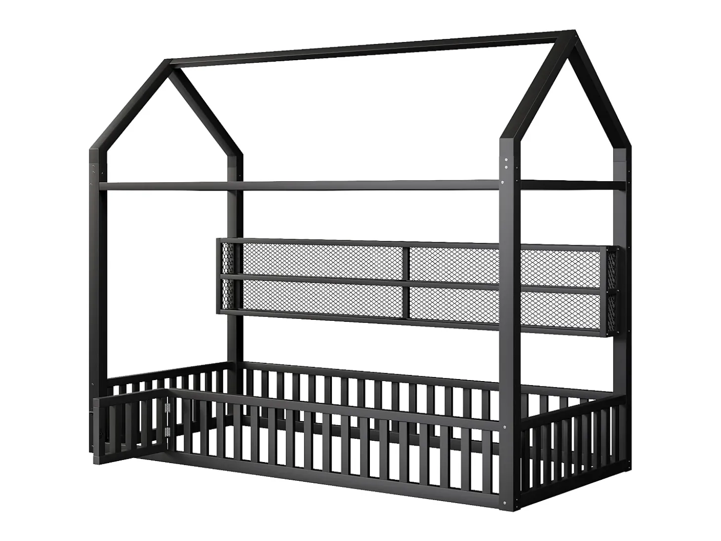 Cama infantil em formato de casinha - 90 x 200 cm - com grade de proteção + luzes LED + espaço para armazenamento - metal - preta