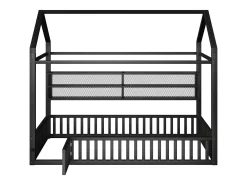 Cama infantil em formato de casinha - 90 x 200 cm - com grade de proteção + luzes LED + espaço para armazenamento - metal - preta