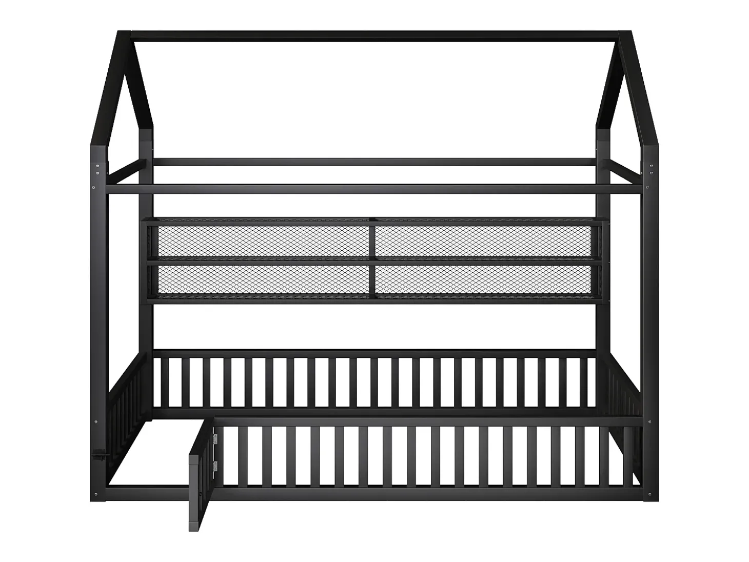 Cama infantil em formato de casinha - 90 x 200 cm - com grade de proteção + luzes LED + espaço para armazenamento - metal - preta