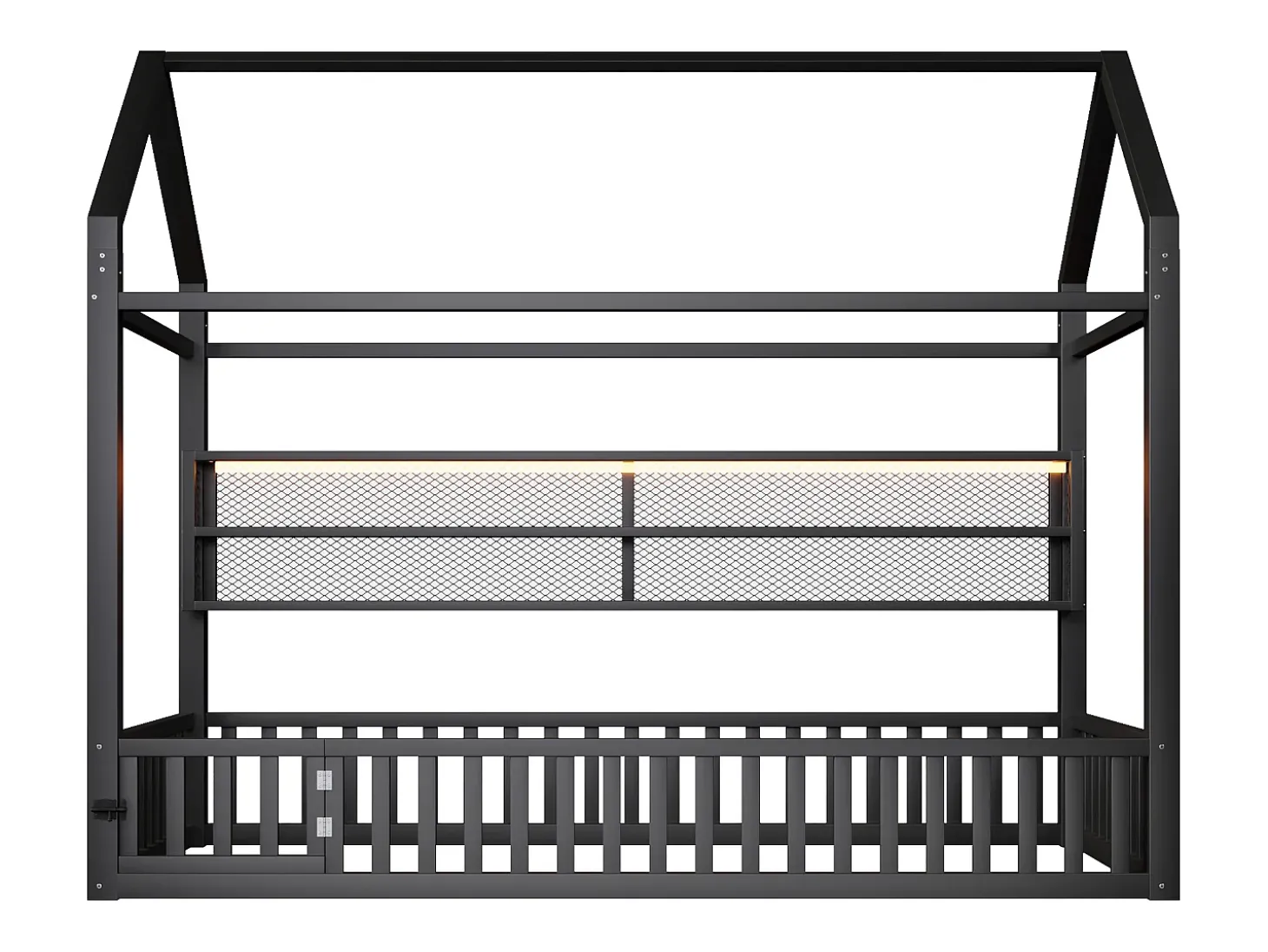 Cama infantil em formato de casinha - 90 x 200 cm - com grade de proteção + luzes LED + espaço para armazenamento - metal - preta