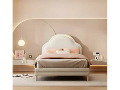Cama infantil estofada em veludo com LED em várias cores - cabeceira em forma de nuvem - base em ripas de madeira - 90x200cm - Bege