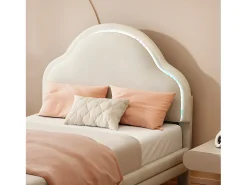 Cama infantil estofada em veludo com LED em várias cores - cabeceira em forma de nuvem - base em ripas de madeira - 90x200cm - Bege