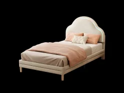 Cama infantil estofada em veludo com LED em várias cores - cabeceira em forma de nuvem - base em ripas de madeira - 90x200cm - Bege