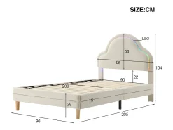 Cama infantil estofada em veludo com LED em várias cores - cabeceira em forma de nuvem - base em ripas de madeira - 90x200cm - Bege