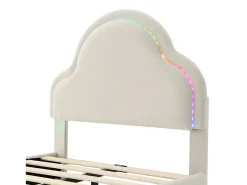 Cama infantil estofada em veludo com LED em várias cores - cabeceira em forma de nuvem - base em ripas de madeira - 90x200cm - Bege