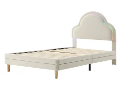 Cama infantil estofada em veludo com LED em várias cores - cabeceira em forma de nuvem - base em ripas de madeira - 90x200cm - Bege