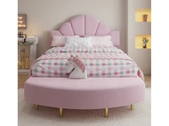 Cama infantil estofada 140x200 cm - com banco no pé da cama - com somier de ripas - Veludo + compensado - Rosa (sem colchão)