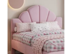 Cama infantil estofada 140x200 cm - com banco no pé da cama - com somier de ripas - Veludo + compensado - Rosa (sem colchão)